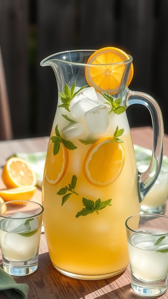 A pitcher of lemonade with ice, lemon slices, and mint on a wooden table.